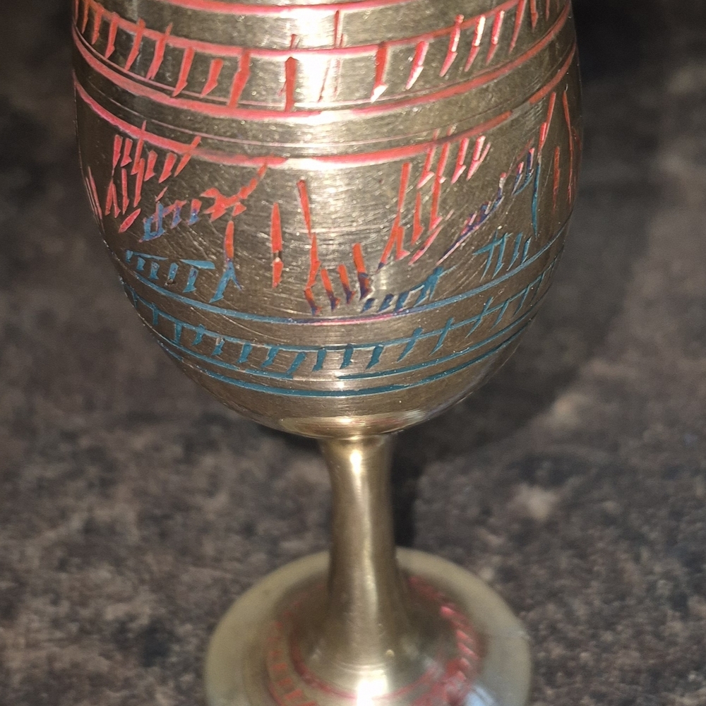 Elegant Brass Goblet with Red and Blue Accents